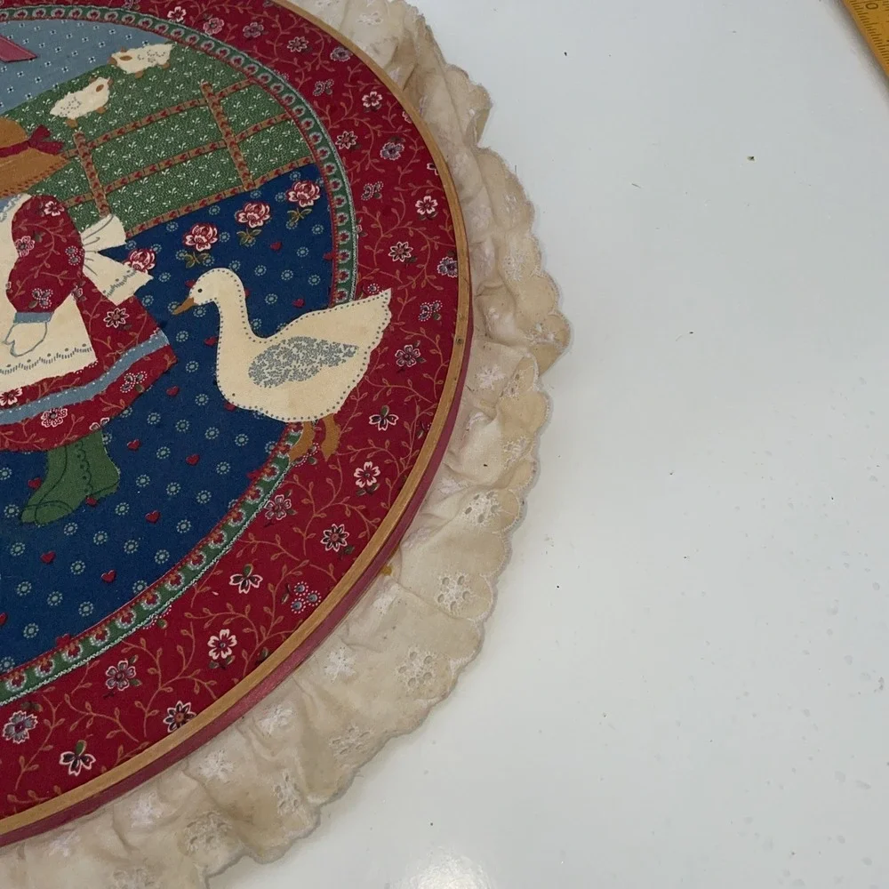 Vintage 1990s Round Country Farm Girl Wall Hanging Grannycore Lace Trim Framed